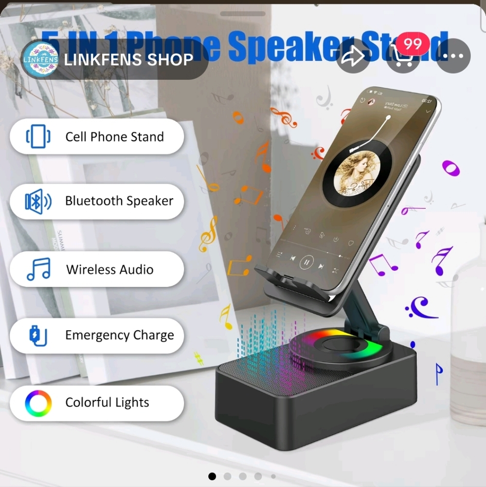 LINKFENS 5-in-1 Phone Speaker Stand with Colorful Lights